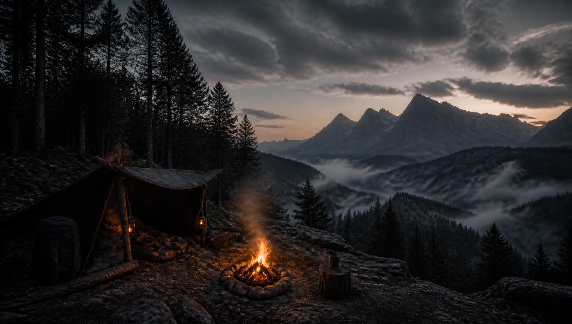 Tarp shelter and campfire on a mountain ridge at dusk